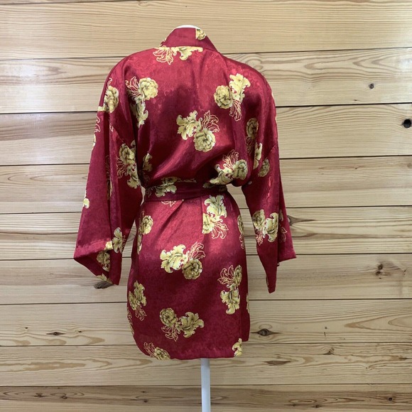 Vintage Victoria's Secret Robe Medium Red Gold Floral Short Pockets Wrap B161 - Picture 5 of 8